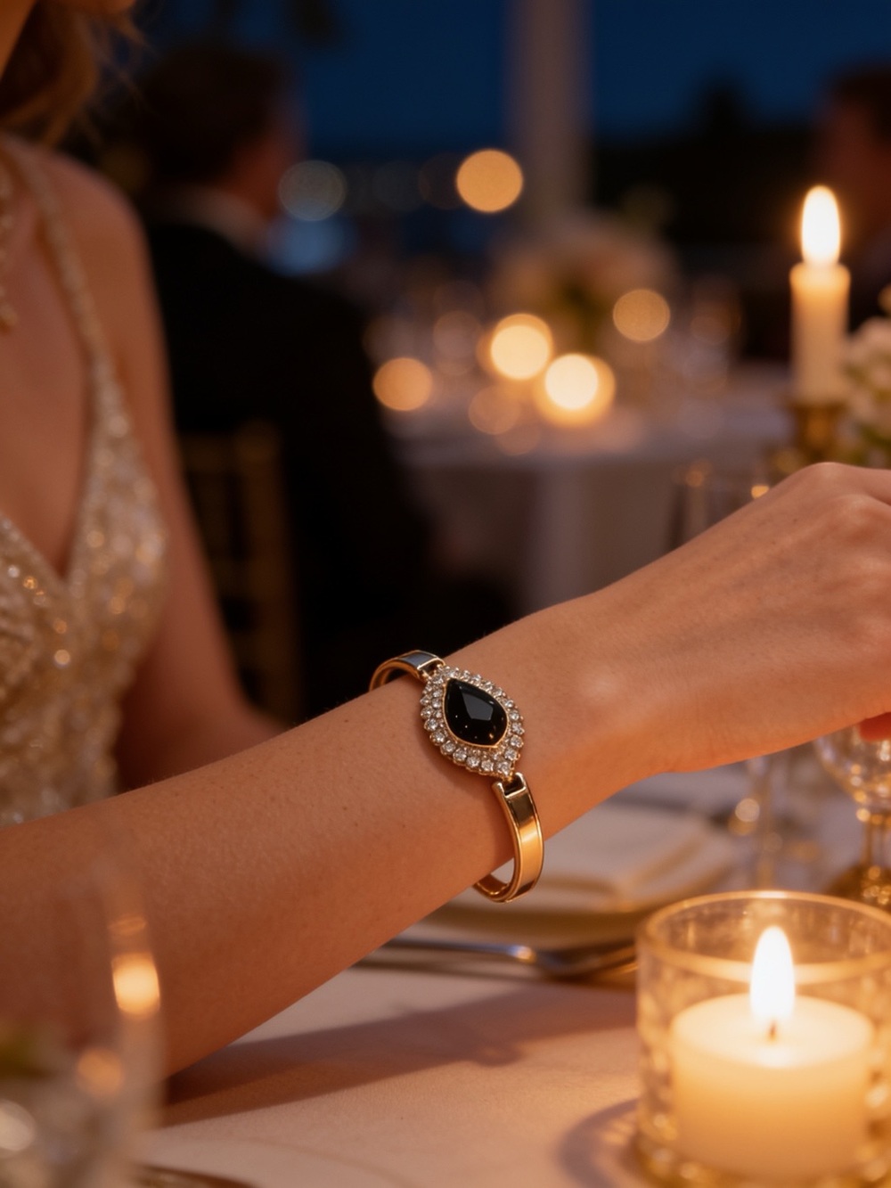 Gold-Tone Bracelet with Black Teardrop Stone and Crystal Halo
